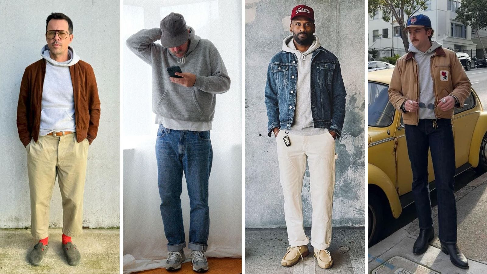 four side by side images of stylish men wearing a grey hoodie sweatshirt in various casual outfits