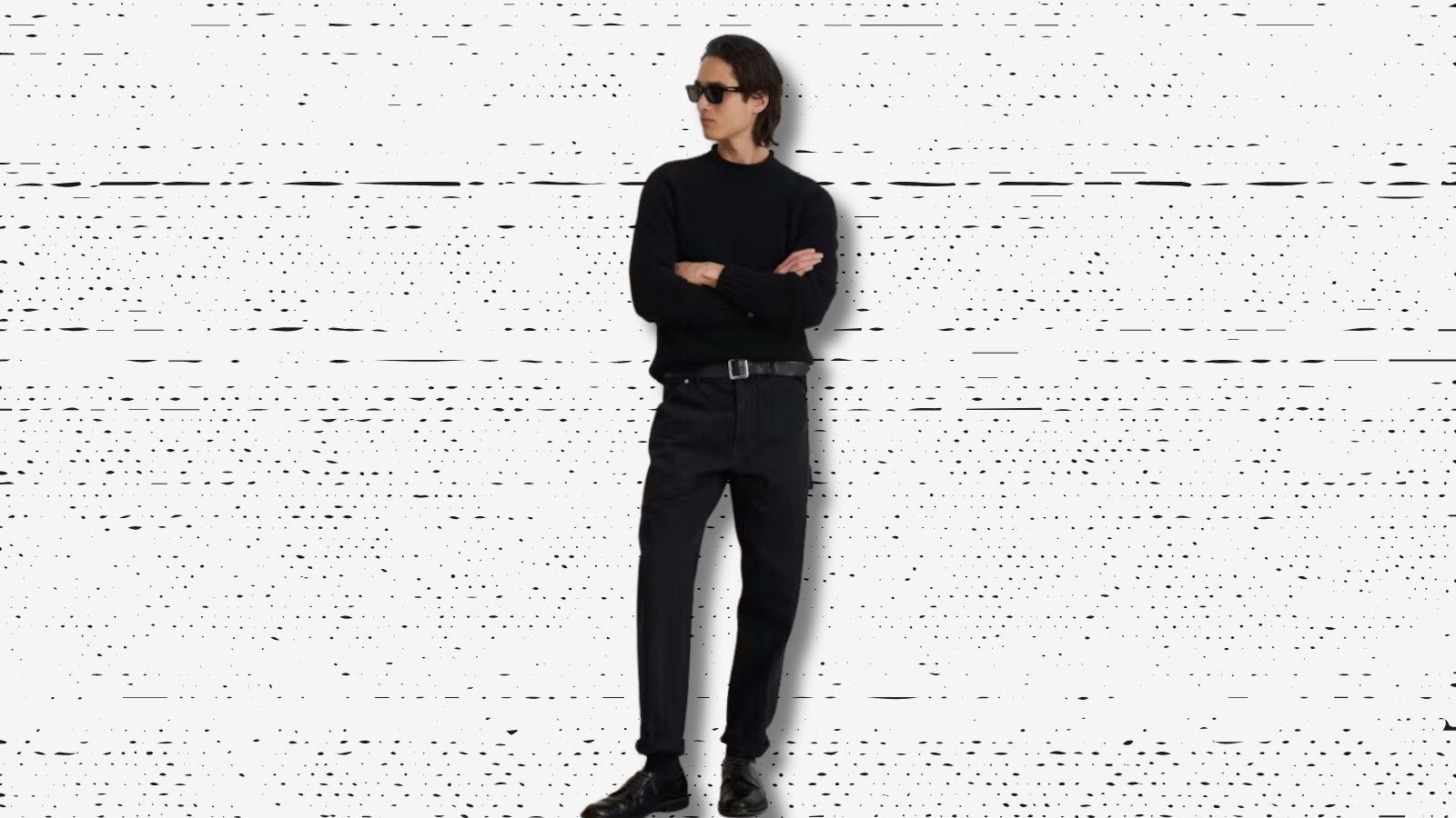 stylish man wearing black sunglasses, a black sweater, black belt, black pants, and black shoes, against a black and white abstract background