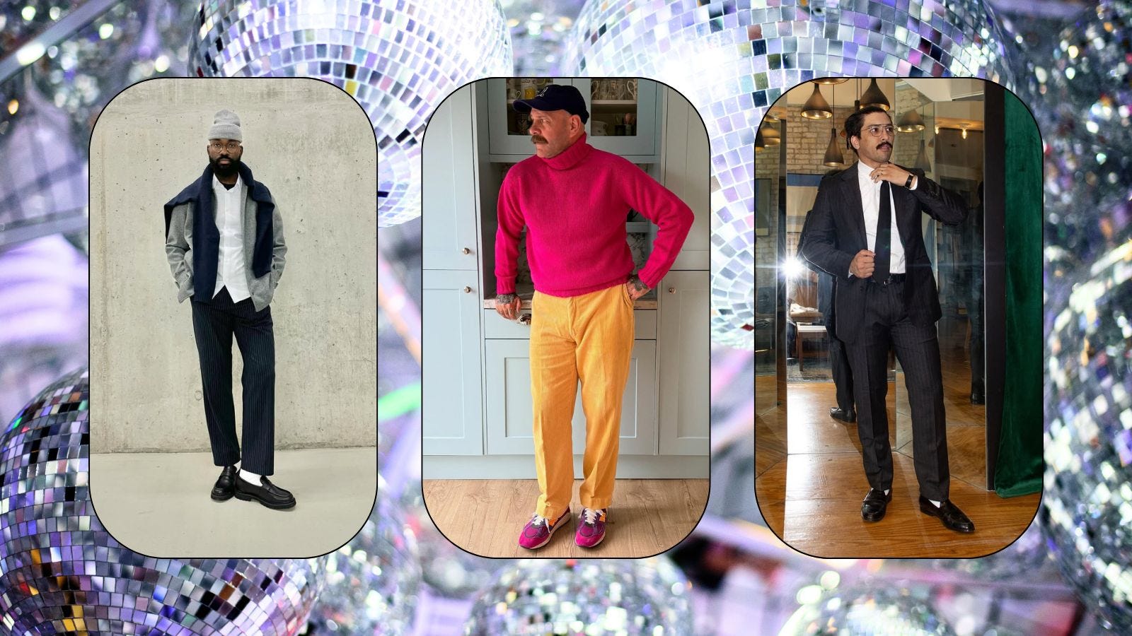 three images of men wearing New Year's Eve party appropriate outfits