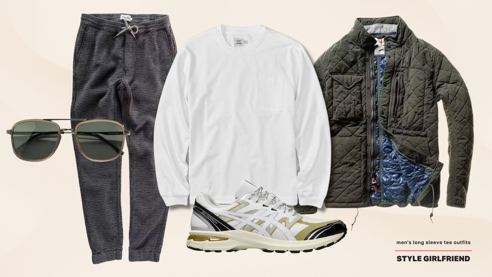 casual men's cold weather outfit featuring grey sweatpants, a white long-sleeve shirt, and a quilted jacket