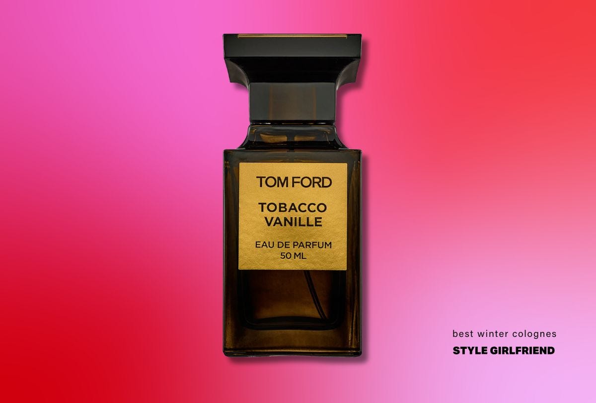 tom ford tobacco vanille eau de parfum against a red and pink background, text in-image reads: best winter colognes (style girlfriend)