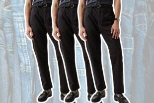 repeating image of the lower half of a man wearing black chinos with a braided leather belt